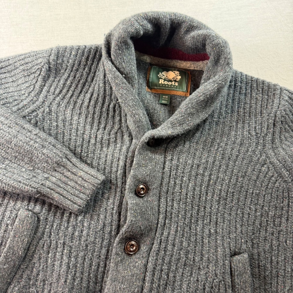 Roots Cardigan Sweater Mens Medium Grey Excellent Lambswool Ribbed Shawl Collar